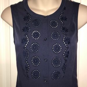 Navy Embroidered Lace Sleeveless Button Up Top